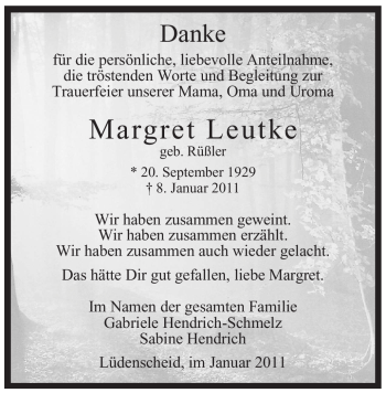 Traueranzeige von Margret Leutke von Tageszeitung