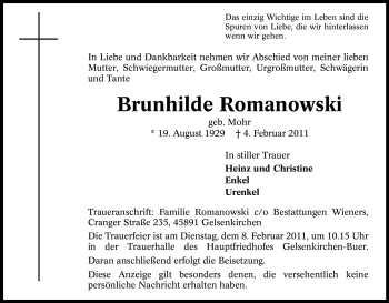 Traueranzeige von Brunhilde Romanowski von Tageszeitung