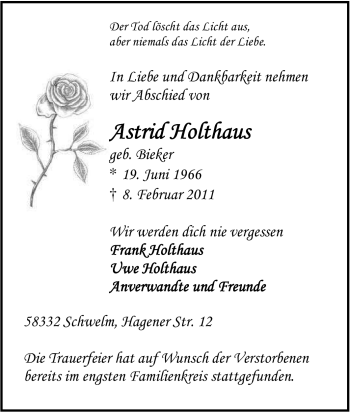 Traueranzeige von Astrid Holthaus von Tageszeitung
