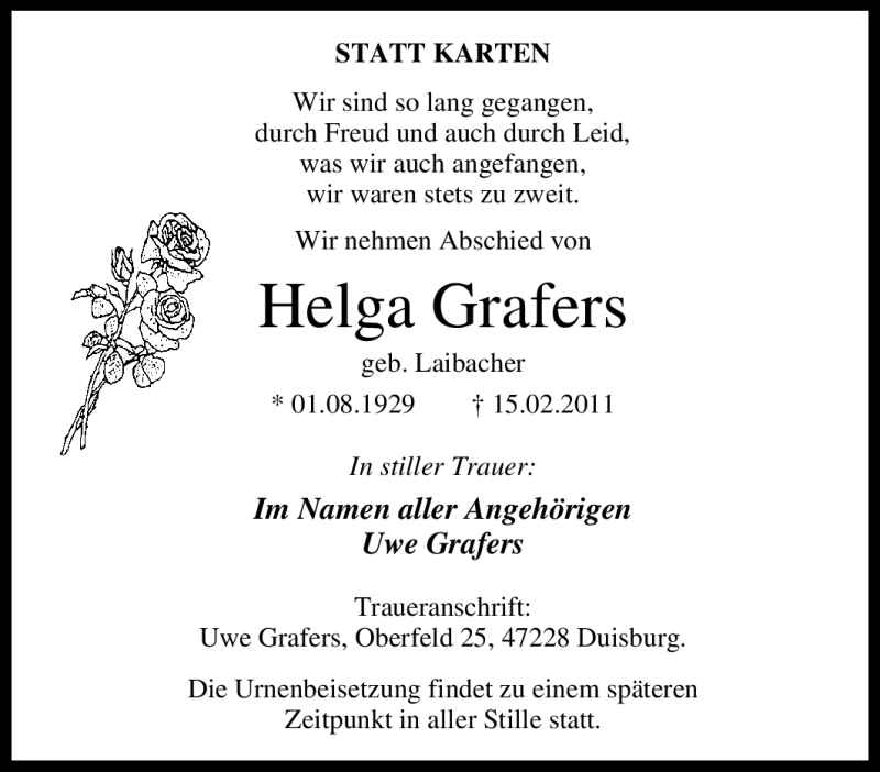  Traueranzeige für Helga Grafers vom 19.02.2011 aus Tageszeitung