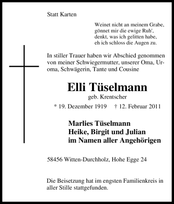 Traueranzeige von Elli Tüselmann von Tageszeitung