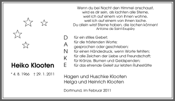 Traueranzeige von Heiko Klooten von Tageszeitung