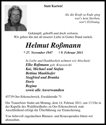 Traueranzeige von Helmut Roßmann von Tageszeitung