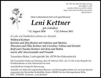 Traueranzeige von Leni Kettner von Tageszeitung