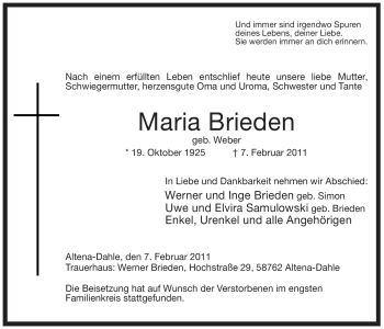 Traueranzeige von Maria Brieden von Tageszeitung