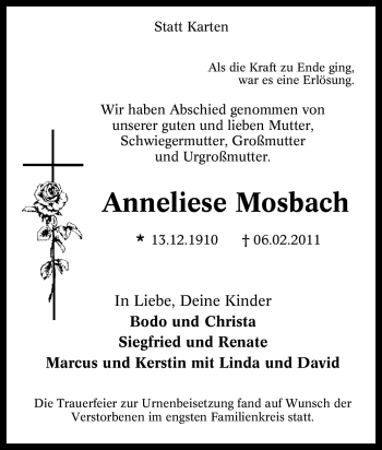 Traueranzeige von Anneliese Mosbach von Tageszeitung