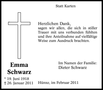 Traueranzeige von Emma Schwarz von Tageszeitung