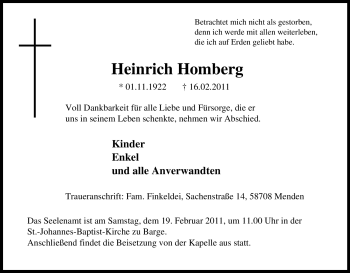 Traueranzeige von Heinrich Homberg von Tageszeitung