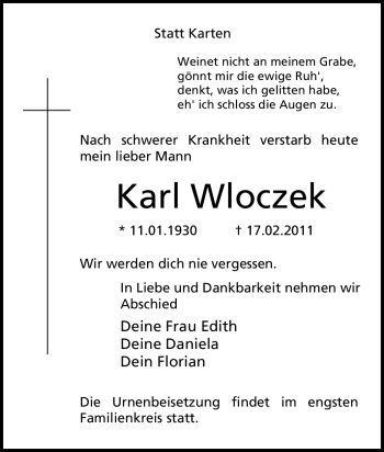 Traueranzeige von Karl Wloczek von Tageszeitung