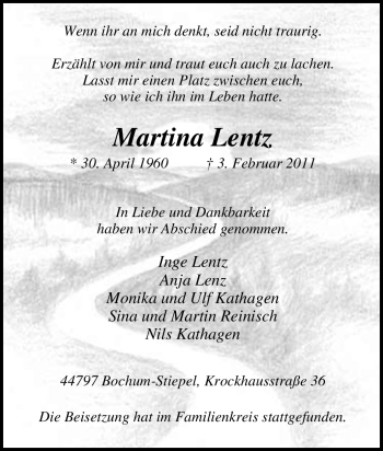 Traueranzeige von Martina Lentz von Tageszeitung