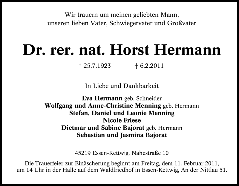 Traueranzeige für Horst Hermann vom 09.02.2011 aus Tageszeitung