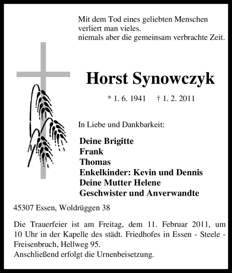  Traueranzeige für Horst Synowczyk vom 05.02.2011 aus Tageszeitung