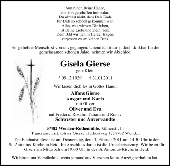 Traueranzeige von Gisela Gierse von Tageszeitung