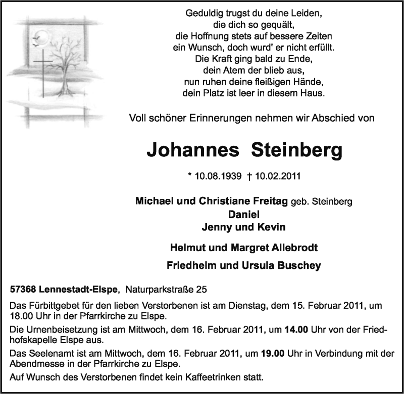  Traueranzeige für Johannes Steinberg vom 12.02.2011 aus Tageszeitung