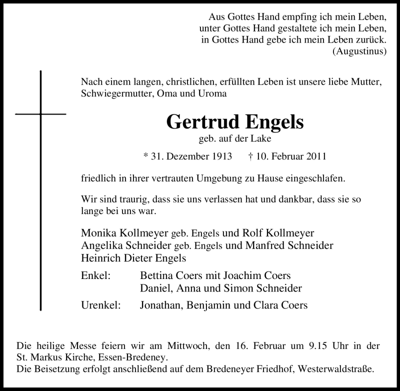  Traueranzeige für Gertrud Engels vom 14.02.2011 aus Tageszeitung