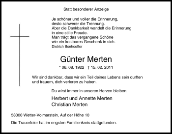 Traueranzeige von Günter Merten von Tageszeitung