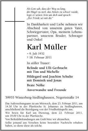Traueranzeige von Karl Müller von Tageszeitung