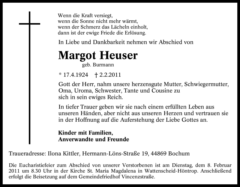  Traueranzeige für Margot Heuser vom 05.02.2011 aus Tageszeitung