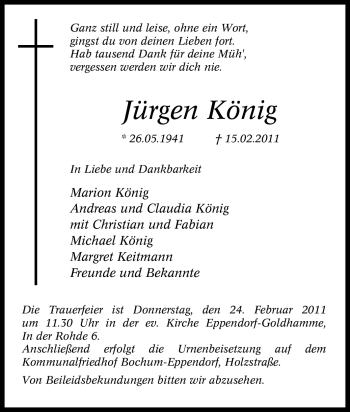 Traueranzeige von Jürgen König von Tageszeitung