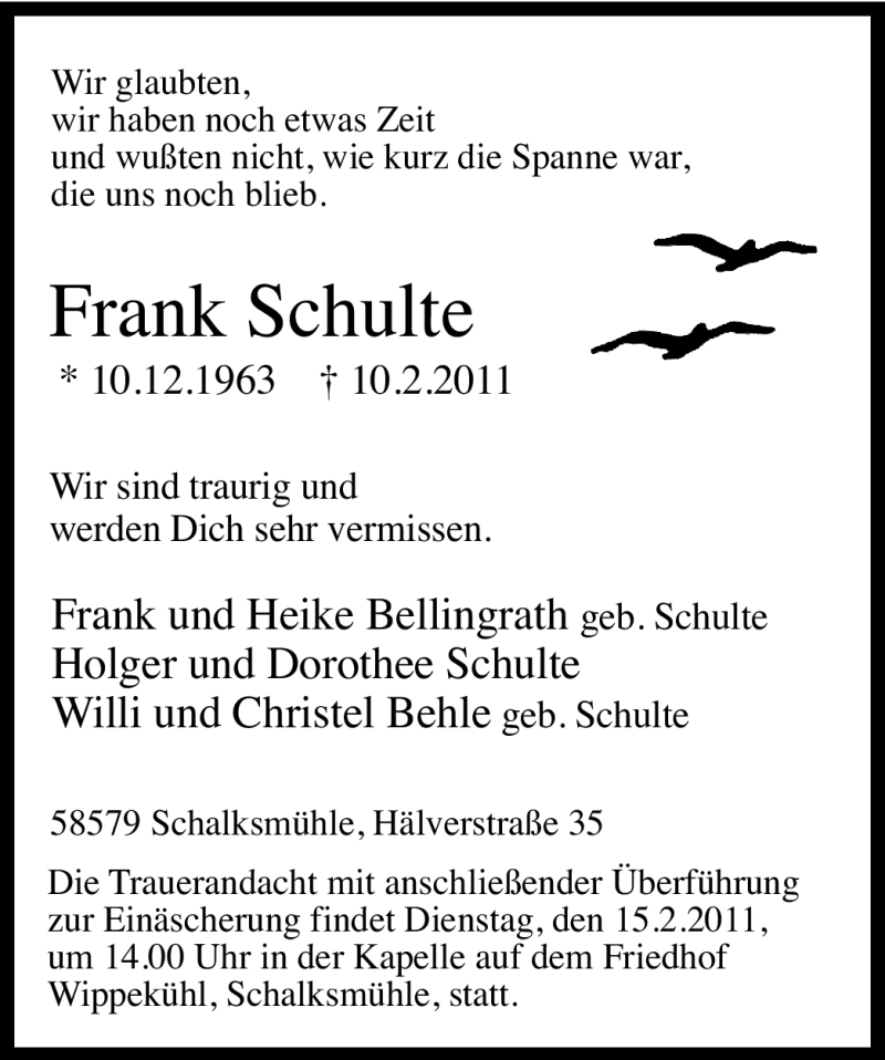  Traueranzeige für Frank Schulte vom 12.02.2011 aus Tageszeitung
