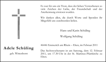 Traueranzeige von Adele Schüling von Tageszeitung