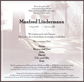 Traueranzeige von Manfred Lindermann von Tageszeitung