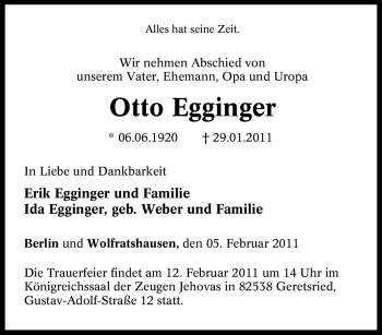 Traueranzeige von Otto Egginger von Tageszeitung