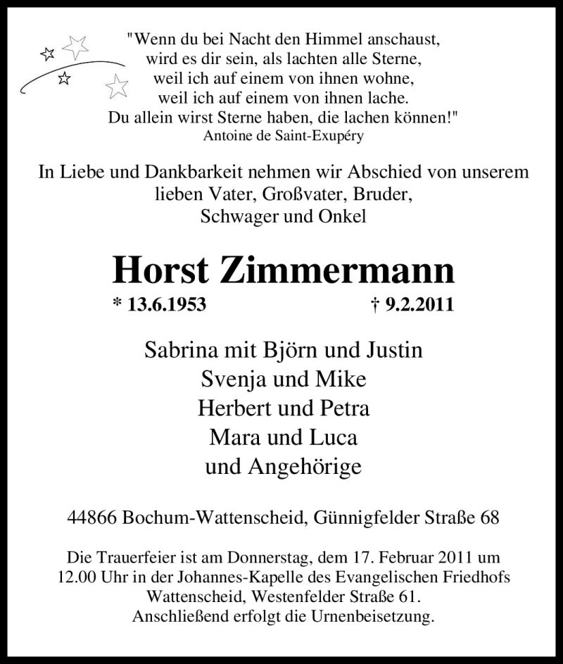  Traueranzeige für Horst Zimmermann vom 14.02.2011 aus Tageszeitung
