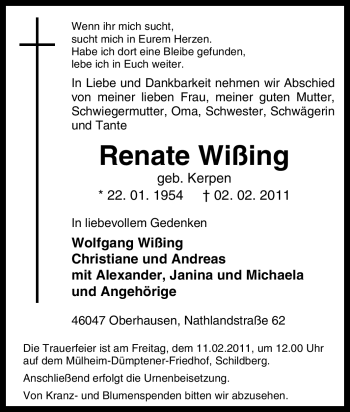 Traueranzeige von Renate Wißing von Tageszeitung
