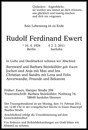 Traueranzeige von Rudolf Ferdinand Ewert von Tageszeitung