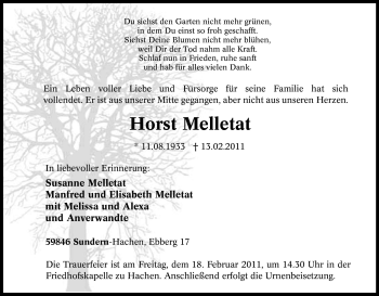 Traueranzeige von Horst Melletat von Tageszeitung