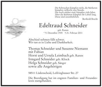 Traueranzeige von Edeltraud Schneider von Tageszeitung