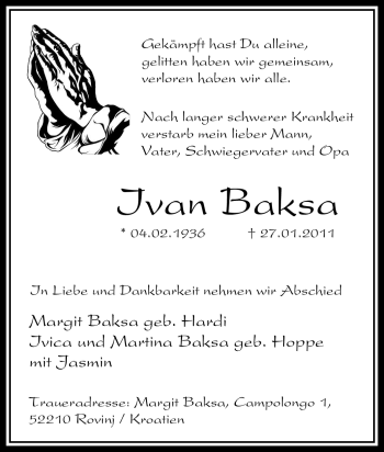 Traueranzeige von Ivan Baksa von Tageszeitung