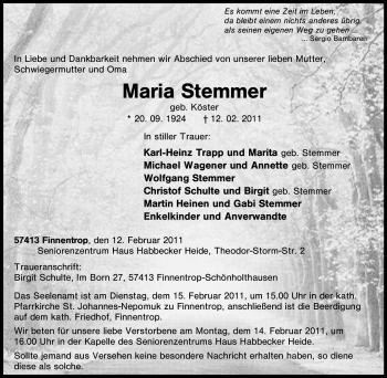 Traueranzeige von Maria Stemmer von Tageszeitung