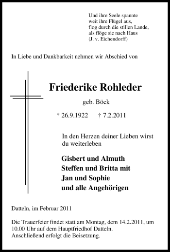 Traueranzeige von Friederike Rohleder von Tageszeitung