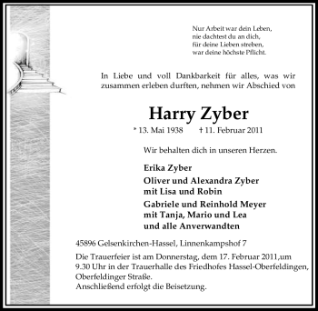 Traueranzeige von Harry Zyber von Tageszeitung