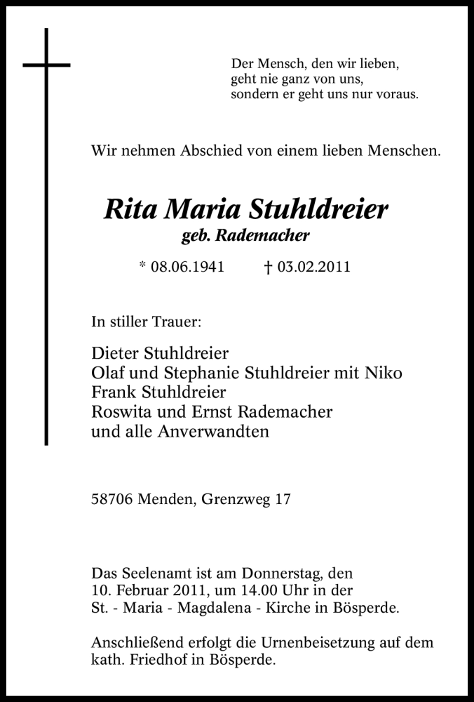  Traueranzeige für Rita Maria Stuhldreier vom 04.02.2011 aus Tageszeitung