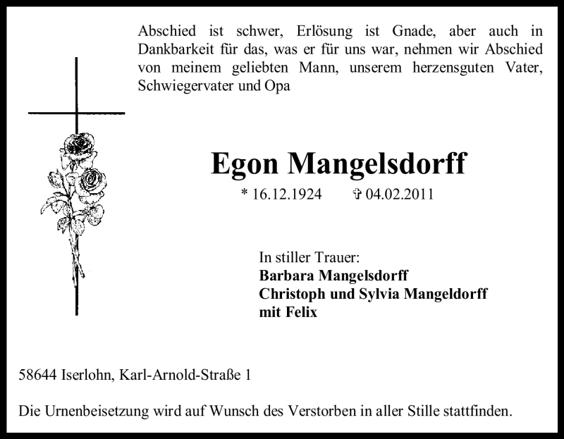  Traueranzeige für Egon Mangelsdorff vom 09.02.2011 aus Tageszeitung