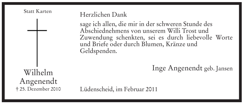  Traueranzeige für Wilhelm Angenendt vom 05.02.2011 aus Tageszeitung
