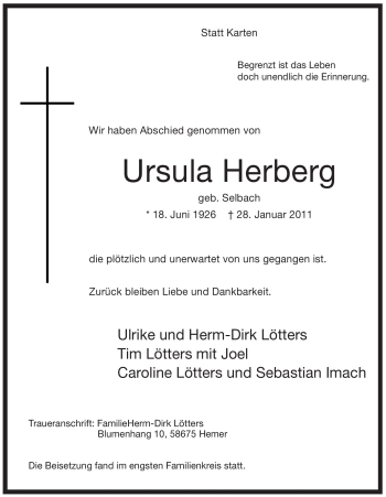 Traueranzeige von Ursula Herberg von Tageszeitung