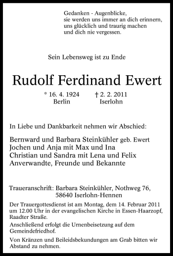 Traueranzeige von Rudolf Ferdinand Ewert von Tageszeitung
