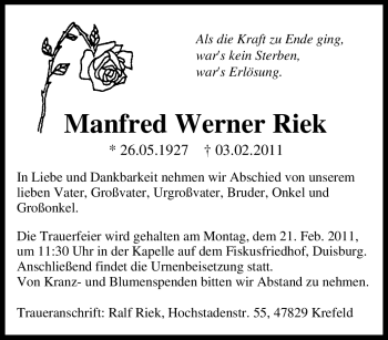 Traueranzeige von Manfred Werner Riek von Tageszeitung