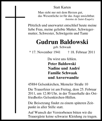 Traueranzeige von Gudrun Baldowski von Tageszeitung