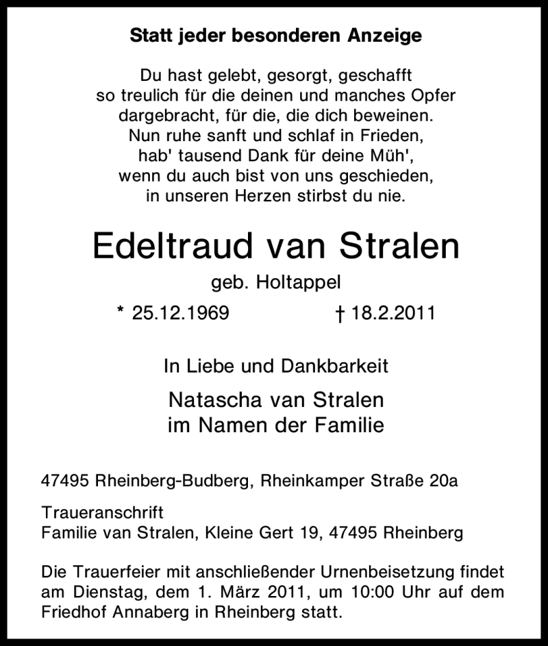  Traueranzeige für Edeltraud van Stralen vom 24.02.2011 aus Tageszeitung