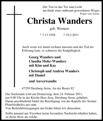 Traueranzeige von Christa Wanders von Tageszeitung