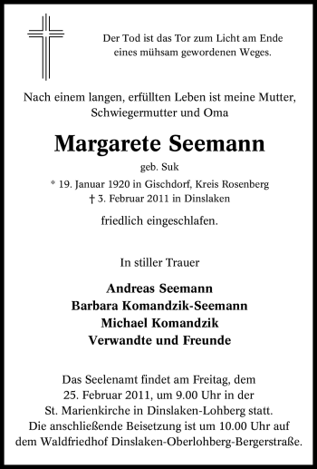 Traueranzeige von Margarete Seemann von Tageszeitung