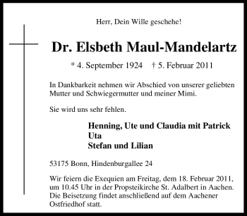 Traueranzeige von Elsbeth Maul-Mandelartz von Tageszeitung