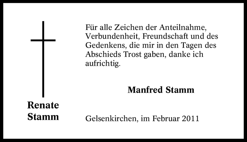  Traueranzeige für Renate Stamm vom 19.02.2011 aus Tageszeitung