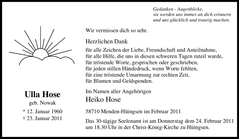  Traueranzeige für Ulla Hose vom 19.02.2011 aus Tageszeitung