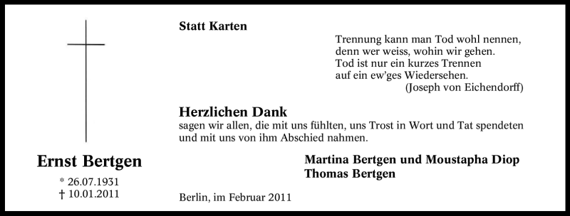  Traueranzeige für Ernst Bertgen vom 19.02.2011 aus Tageszeitung
